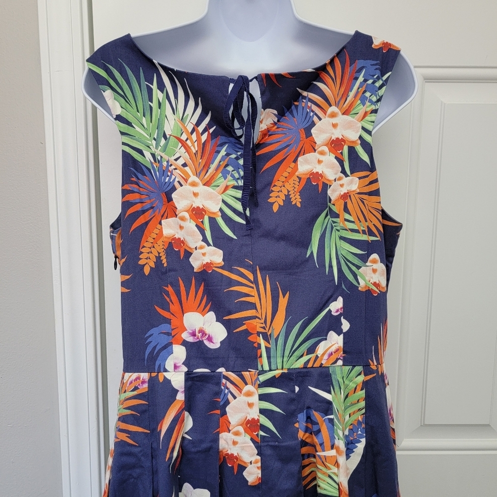 Talbots Tropical Print Sleeveless Lined A Line Dress Blue Orange Pleated Size 8 - Picture 10 of 15